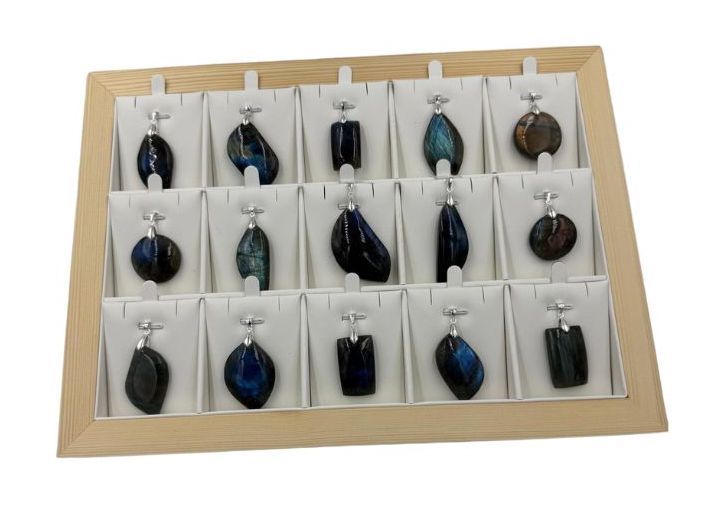 Pendentifs labradorite -  bélière en argent 0.925 lot de 15 pces avec présentoir bois