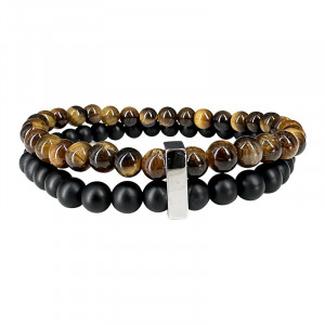 Bracelet Homme 2 rangs Onyx dépoli, Oeil de tigre et Acier