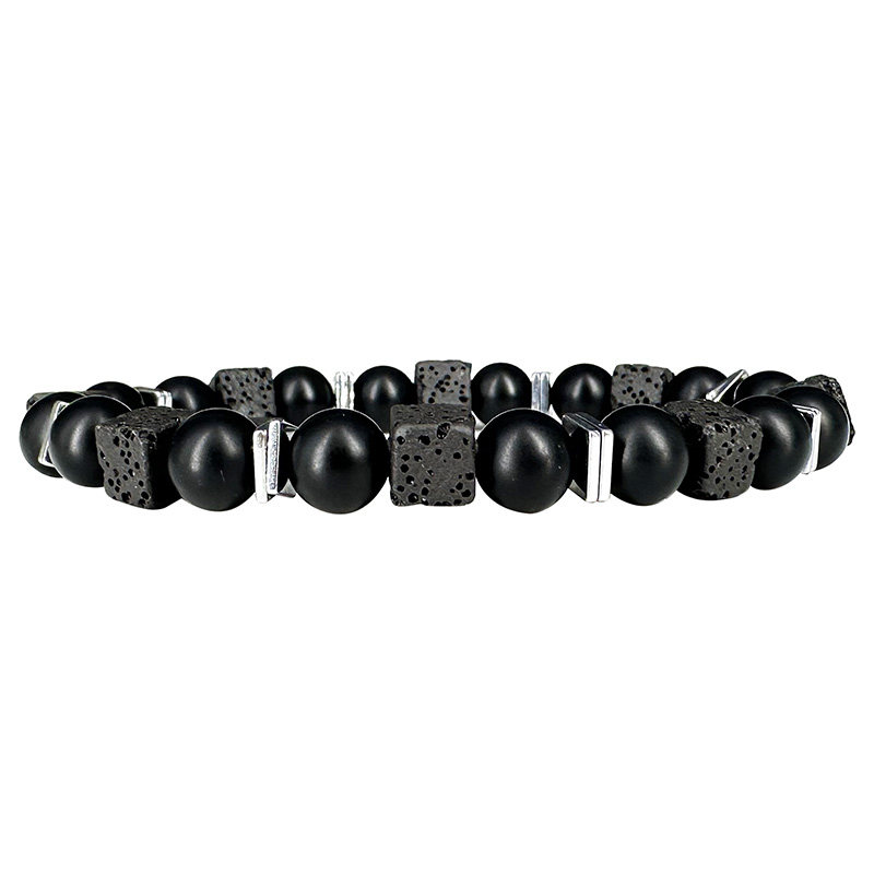 Bracelet Homme Onyx dépoli, Lave carré et carré plat en hématite galvanisée