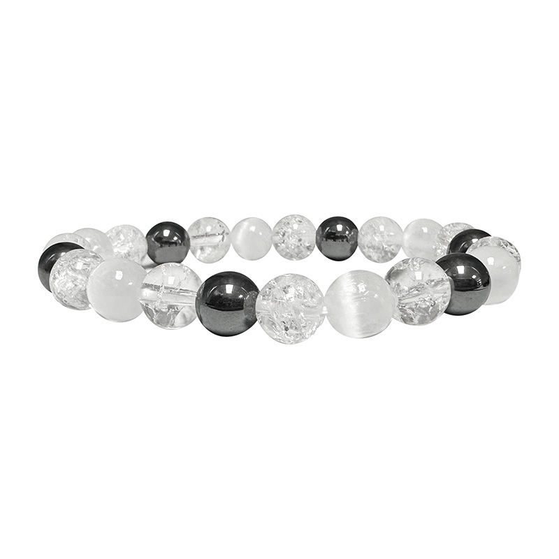 Bracelet 8 mm en Sélénite, Cristal craquelé et Hématite