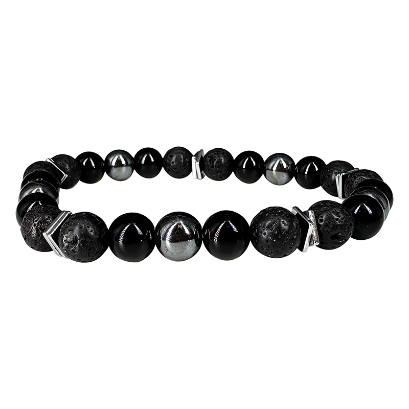 Bracelet homme onyx, hématite, lave et carré plat en hématite galvanisée